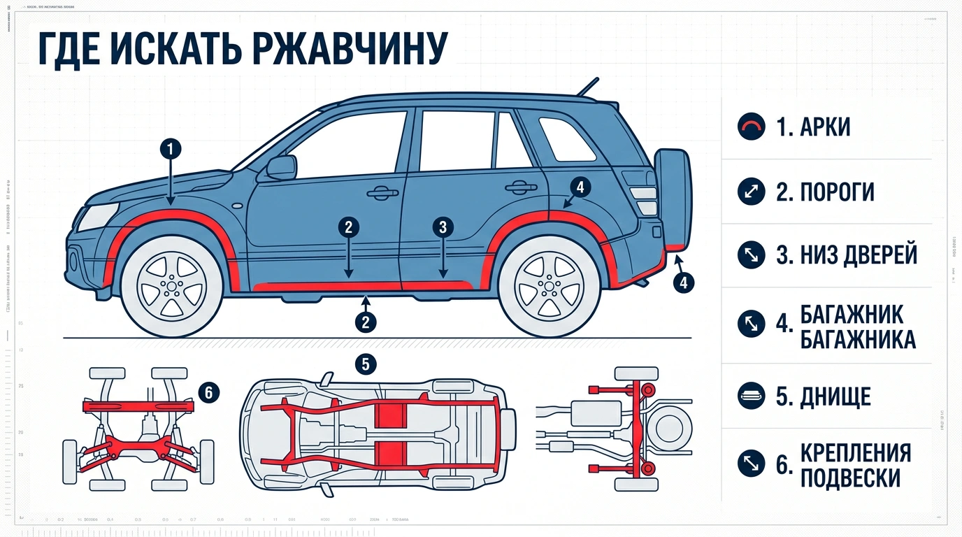 Чек-лист проверки Grand Vitara на ржавчину